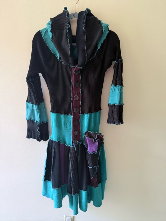 Katwise Sweaters - Patchwork Fairy Goblin core Cottage Pointy Hood Jacket Coat Dress Goth Grunge M